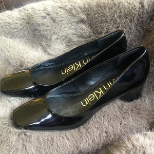 Calvin Klein Black Patent Low Block Heel Pumps with Square Toe